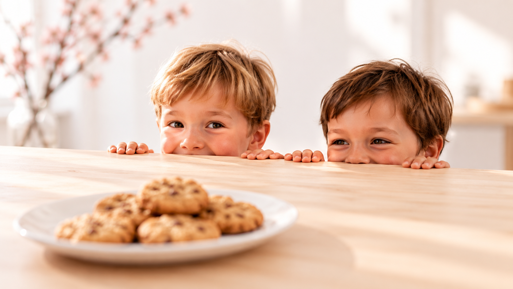 Zwei Kinder schauen über den Tisch auf einen Teller Kekse